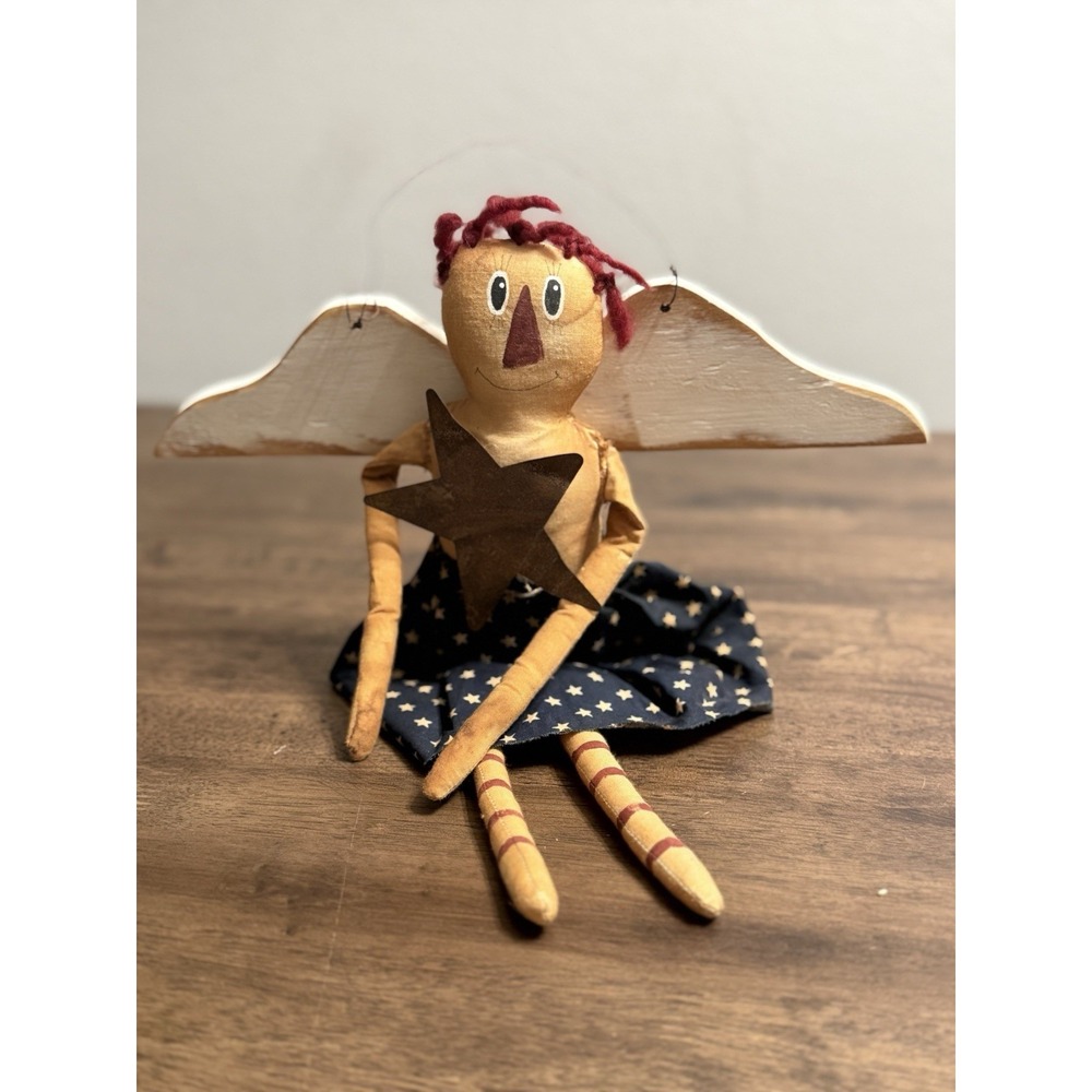 Handmade Folk Art Primitive Raggedy Anne Patriotic Stars Wings 14" Doll